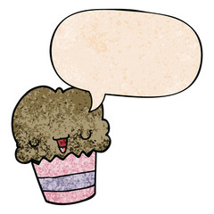 cartoon cupcake and face and speech bubble in retro texture style