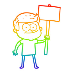 rainbow gradient line drawing cartoon happy man with placard