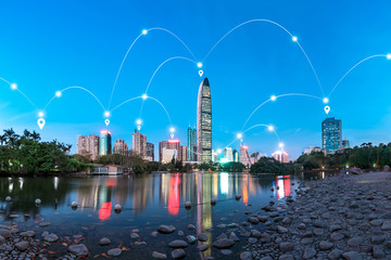Modern city with wireless network connection concept,Shenzhen