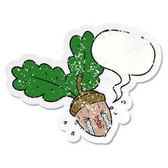 cartoon crying acorn and speech bubble distressed sticker