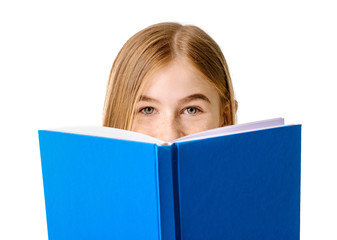 Cute teenage girl with book on white background