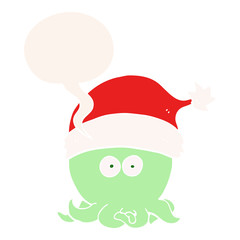 cartoon octopus wearing christmas hat and speech bubble in retro style