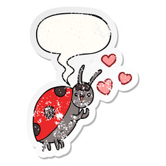 cute cartoon ladybug in love and speech bubble distressed sticker