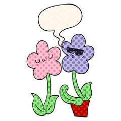 cute cartoon flower and speech bubble in comic book style
