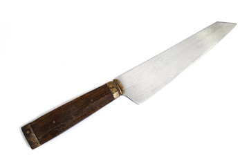 Old cooking knife with wooden handle on white background.