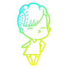 cold gradient line drawing cartoon squinting girl in dress