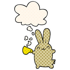 cute cartoon rabbit drinking coffee and thought bubble in comic book style