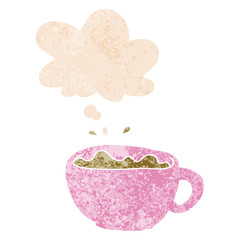 cartoon coffee cup and thought bubble in retro textured style