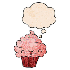cute cartoon frosted cupcake and thought bubble in grunge texture pattern style