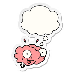 funny cartoon brain and thought bubble as a printed sticker