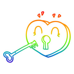 rainbow gradient line drawing cartoon heart with key