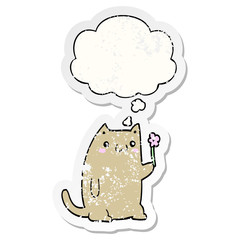cute cartoon cat with flower and thought bubble as a distressed worn sticker