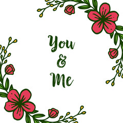 Vector illustration shape of card you and me with various bright red wreath frames