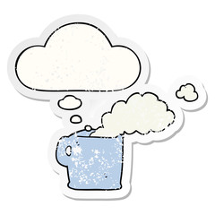 cartoon hot coffee and thought bubble as a distressed worn sticker