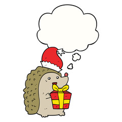 cartoon hedgehog wearing christmas hat and thought bubble