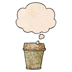 cartoon take out coffee and thought bubble in grunge texture pattern style