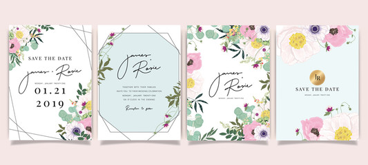 Summer Flower Wedding Invitation set, floral invite thank you, rsvp modern card Design in Pink floral with leaf greenery  branches decorative Vector elegant rustic template