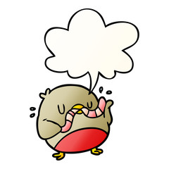 cartoon bird eating worm and speech bubble in smooth gradient style