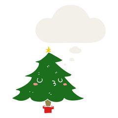 cute cartoon christmas tree and thought bubble in retro style