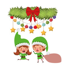 elves couple with gift bag and garland with christmas balls