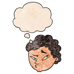 cartoon suspicious man and thought bubble in grunge texture pattern style