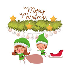 elves couple with sleigh and merry christmas time