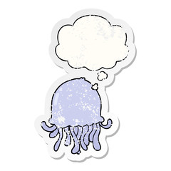 cartoon jellyfish and thought bubble as a distressed worn sticker