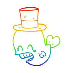 rainbow gradient line drawing cartoon whale wearing hat