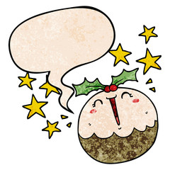 cute cartoon happy christmas pudding and speech bubble in retro texture style