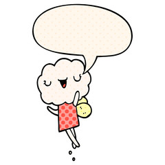 cute cartoon cloud head creature and speech bubble in comic book style