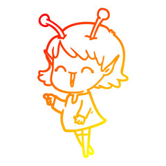 warm gradient line drawing cartoon alien girl laughing