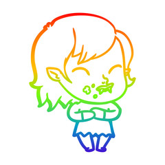 rainbow gradient line drawing cartoon vampire girl with blood on cheek