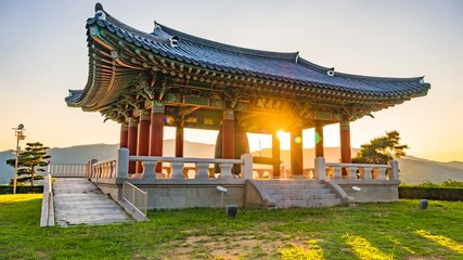 The sunset atmosphere, The park with old bells are stored in the pavilion Time lapse,Pocheon Seoul Korea.24 June 2019