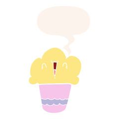 cartoon cupcake and face and speech bubble in retro style