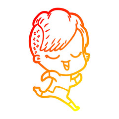 warm gradient line drawing happy cartoon girl in futuristic clothes