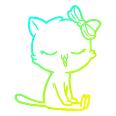 cold gradient line drawing cartoon cat with bow on head