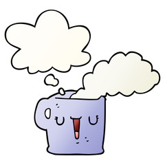 cartoon hot cup of coffee and thought bubble in smooth gradient style
