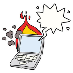 cartoon broken laptop computer and speech bubble