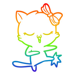 rainbow gradient line drawing cartoon cat with bow on head