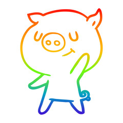 rainbow gradient line drawing happy cartoon pig waving