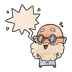 cute cartoon surprised old man and speech bubble in retro texture style