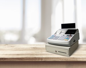 Cash register with LCD display on background