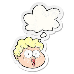 cartoon male face and thought bubble as a distressed worn sticker