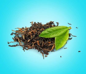Tea and leaves isolated on white background