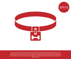 Red Dog collar with name tag and bone plaque icon isolated on white background. Supplies for domestic animal. Cat and dog care. Pet dog chains. Vector Illustration