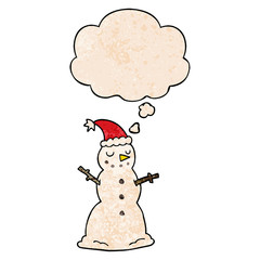 cartoon christmas snowman and thought bubble in grunge texture pattern style