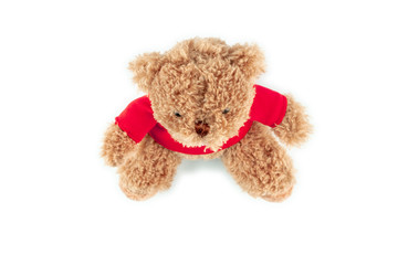 Teddy brown doll bear isolated on white background, mock up for card celebration