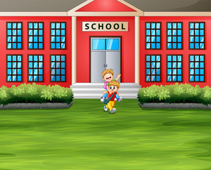 School building and student at school yard