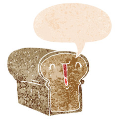 cute cartoon loaf of bread and speech bubble in retro textured style