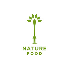Obraz premium Nature food logo or restaurant logo with fork and leaf symbol